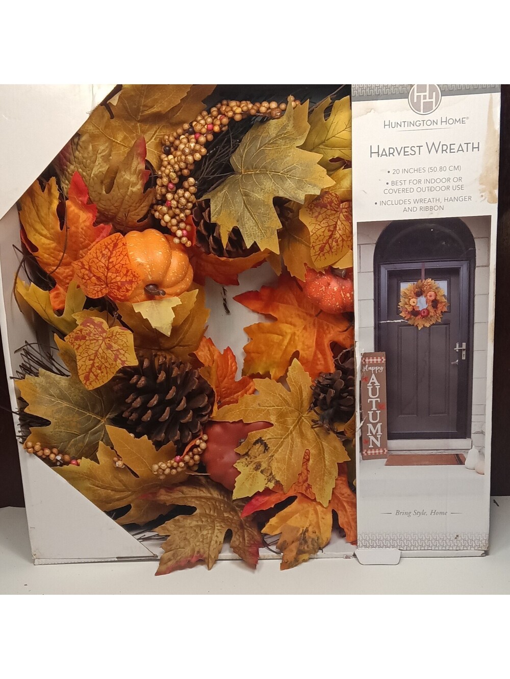 Huntington Home 20" Artificial Harvest Wreath Pumpkin Maple Leaves Pinecones